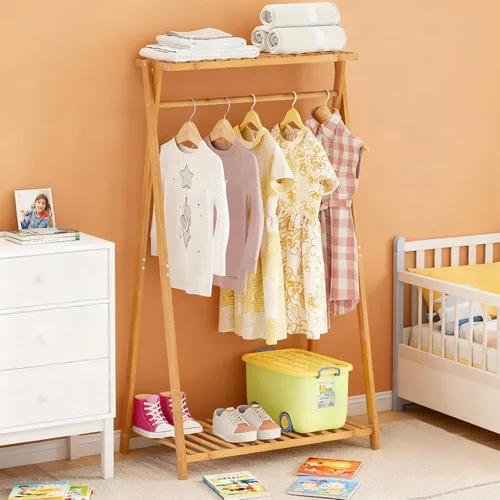 Miniatura 7 de Perchero de bambú para niños, pequeño estante de ropa para niños, estante de vestir para niños con 2 estantes de almacenamiento, perchero portátil