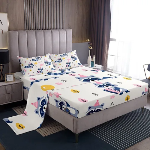 Erosebridal Juego de sábanas tamaño individual de mapache para niños y niños, sábanas florales rosas de animales del bosque, juego de ropa de cama