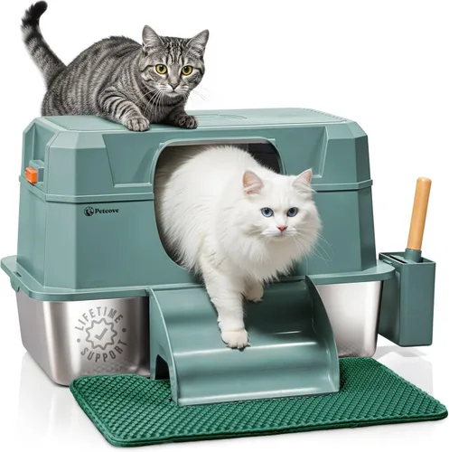 Miniatura 11 de Caja de arena para gatos de acero inoxidable con tapa, diseño XL 3 en 1 para gatos de interior, caja de arena de acero inoxidable, máxima privacidad