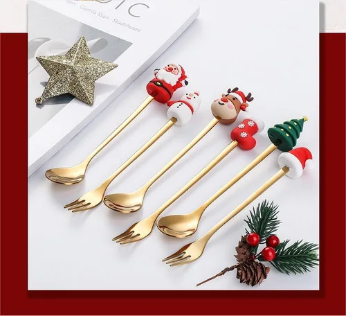 Miniatura 5 de Cuchara de Navidad de acero inoxidable para árbol de Navidad, cuchara de té para el hogar, cuchara de café de Navidad, tenedores de cena, cuchara