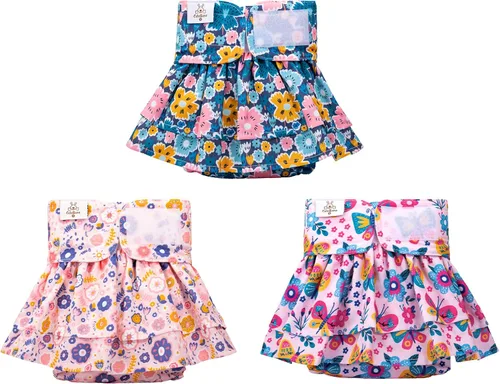 CuteBone Pañales para perras con faldas, paquete de 3 vestidos reutilizables para cachorros, pantalones para el período de ciclo de calor QBD11M