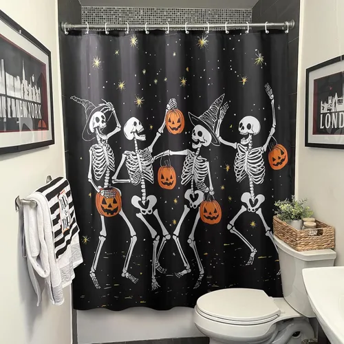 Miniatura 6 de Cortina de ducha de Halloween: fantasmas bailarines espeluznantes con calabazas, juego de cortina de ducha de Halloween con ganchos, decoración