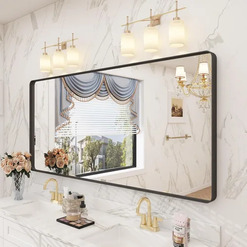 Miniatura 59 de Paquete de 2 espejos de baño con marco de metal negro de 22 x 30 pulgadas, espejo rectangular redondeado negro mate, antioxidante, se cuelga