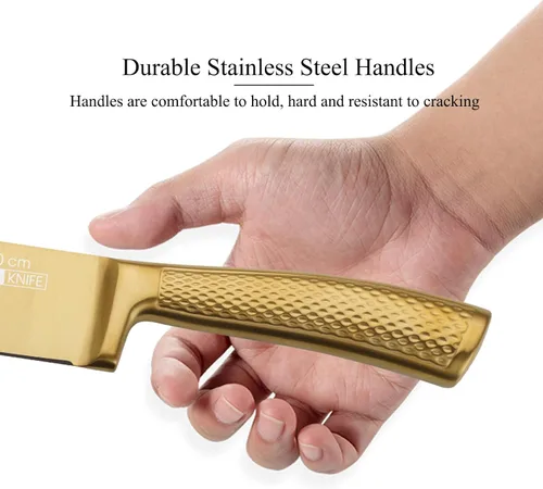 Miniatura 3 de Juego de cuchillos de cocina dorados de lujo con bloque de madera, 8 cuchillos de chef con revestimiento de titanio, aptos para lavavajillas