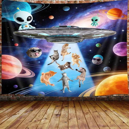 Miniatura 7 de Viajar Tapiz de gato, universo de fantasía, galaxia espacial, divertido tapiz de gato para niños y niños, decoración de pared de nebulosa y cielo