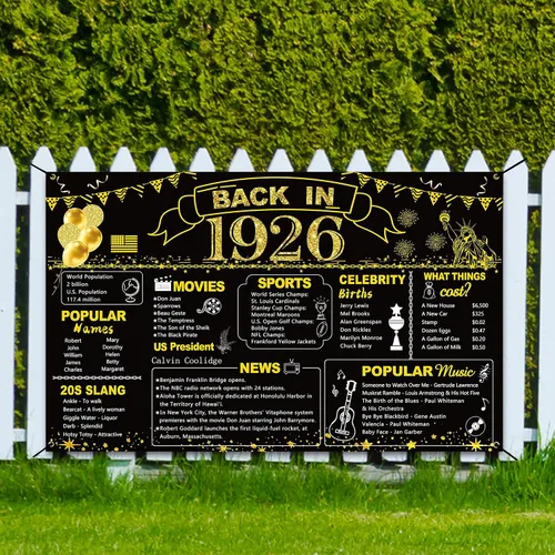 Miniatura 8 de DARUNAXY 100 cumpleaños de oro negro decoración de fiesta, pancarta de "Back in 1926" póster de fiesta de 100 años suministros, 6x3.6 pies gran
