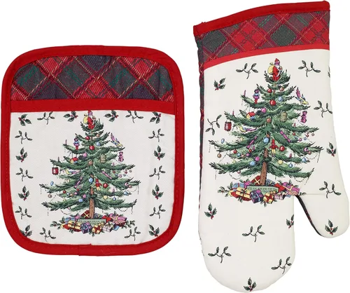 Spode - Juego de cocina de 2 piezas, guante de horno y soporte para ollas, decoración del hogar de vacaciones (colección de tartán de árbol de