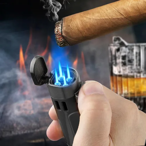 Miniatura 5 de Juego de cortador de puros y encendedor con butano recargable, cuatro encendedores de llama de chorro, hoja de afilado, guillotina de puros, soplete
