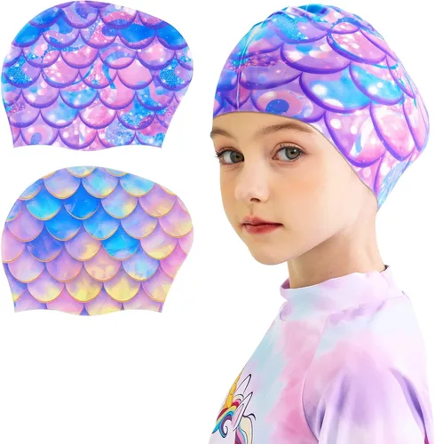 Miniatura 8 de Paquete de 2 gorros de natación impermeables de silicona para niños y niñas (3-8 años), diseño de sirena de unicornio, gorro de natación para niños