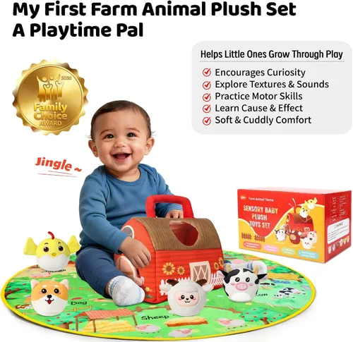 Miniatura 2 de Juguetes de animales de granja para niños pequeños de 1, 2, 3, 4, 5 años, juego de casa de granja de felpa con granero, 6 animales de granja suaves