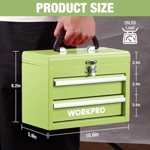 Miniatura 2 de WORKPRO Mini caja de herramientas portátil, 2 cajones de metal con rodamientos de bolas, almacenamiento superior con pestillo, mango de transporte