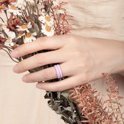 Miniatura 119 de Egnaro Anillos de boda de silicona para ella, conjuntos de novia de goma para mujer, bandas finas, diseño trenzado de hojas apilables con ranuras