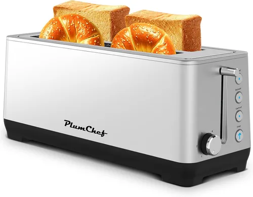 Miniatura 8 de Tostadora de ranura larga extra ancha de 4 rebanadas, bandeja extraíble para migas, 6 ajustes de tostado, funciones de bagel/descongelación, 1650 W