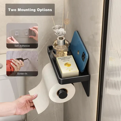 Miniatura 4 de VOLDRA Soporte de papel higiénico con estante para teléfono, soporte de papel higiénico autoadhesivo o con tornillos, soporte de rollos de papel
