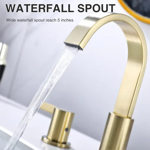 Miniatura 5 de TRUSTMI Grifo de baño dorado cepillado de 8 pulgadas, 3 agujeros, 2 manijas, latón con boquilla giratoria de 360 grados, drenaje de desbordamiento