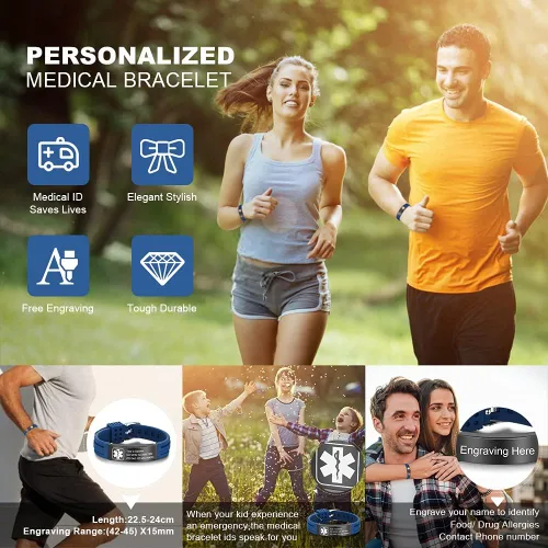Miniatura 4 de OPALSTOCK Pulseras médicas personalizadas de silicona ajustable para identificación de emergencias, grabado gratuito, 9 pulgadas, resistente al