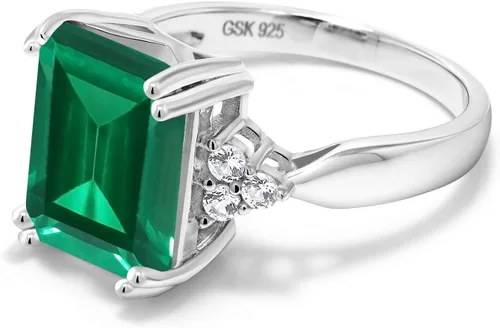 Miniatura 24 de Gem Stone King Anillo de compromiso con piedra natal de 5-10 quilates para mujer, plata de ley 925, corte esmeralda de 0.47 x 0.394 pulgadas, anillo