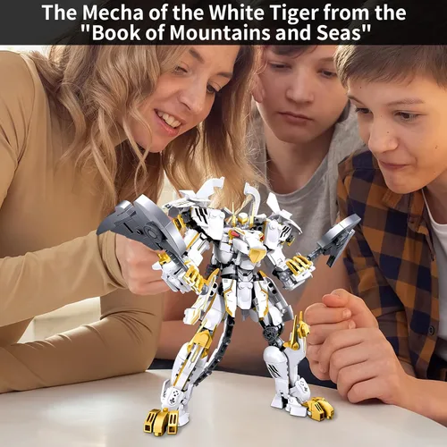 Miniatura 7 de CSNRHG Modelo de robot mecánico samurái de tigre blanco con doble hacha, bloques de construcción, juego de juguetes de cumpleaños mítico para niños