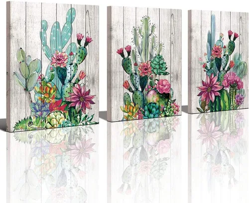 3 piezas enmarcadas de arte para pared, acuarela, plantas tropicales, cactus del desierto, impresión en lienzo para dormitorio, baño, flores