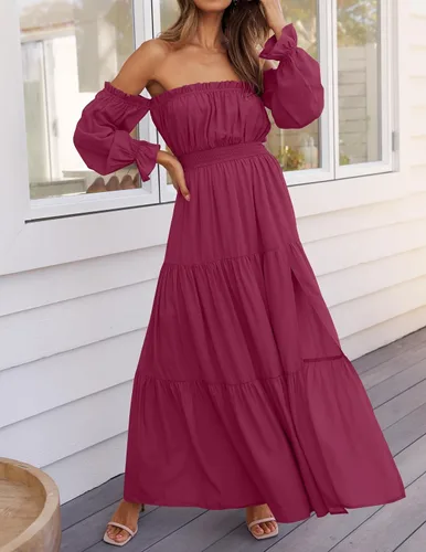 Miniatura 35 de ZESICA - Vestido largo, bohemio y sexy, con hombros descubiertos y manga larga fruncida, con elástico fruncido, cintura alta y abertura lateral