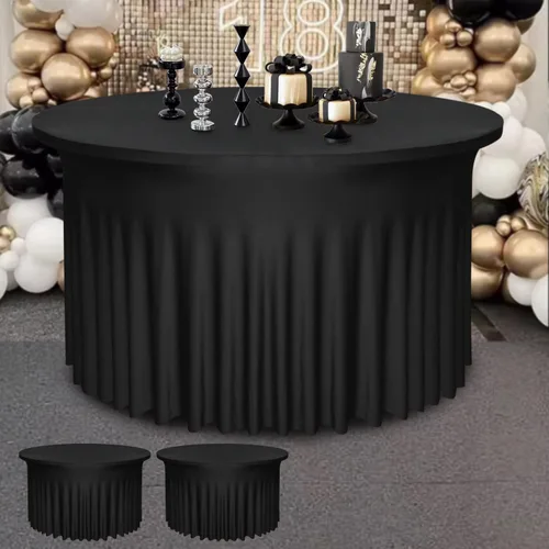 Paquete de 2 faldones de mesa negros de 48 pulgadas de diámetro x 30 pulgadas de alto, se adapta a mesas redondas de 4 pies, manteles redondos de
