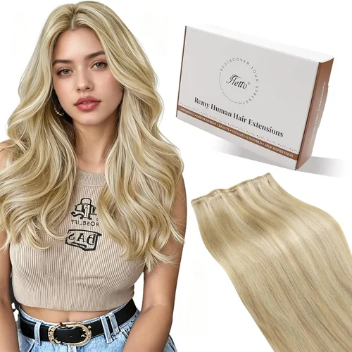 Miniatura 28 de Hetto - Extensiones de cabello humano de trama color rubio platino, 12 pulgadas, 2.47 onzas, #60 Coser en trama, volumen natural diario, suave