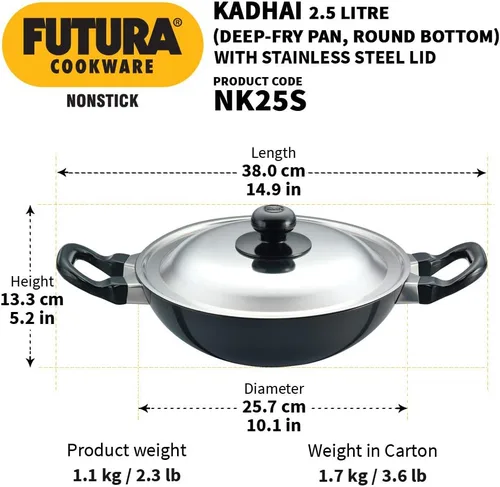 Miniatura 3 de Hawkins Futura Kadhai antiadherente 2,5 L, 10.2 in, 0.128 in con tapa SS (negro)