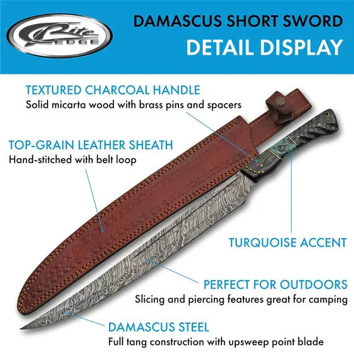 Miniatura 2 de SANZ Damascus Supplies - Espada corta de espiga completa con mango de resina de madera y turquesa, con funda de cuero, negro/turquesa/marrón, 22