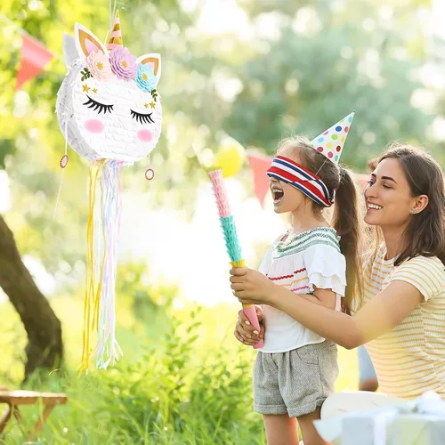 Miniatura 5 de Piñata plegable de unicornio, suministros para fiesta de cumpleaños, piñata extensible con bate y flecos, decoración de fiesta temática, piñatas