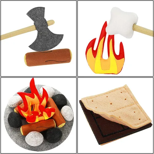 Miniatura 4 de 23 piezas de juguetes de fogata de simulación, juego de fogata de felpa y fieltro para niños, juguetes seguros de fuego falso, madera y piedras