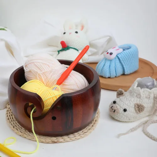 Miniatura 8 de Joyeee Cuenco de almacenamiento de hilo de madera hecho a mano, 6 pulgadas con agujeros tallados y perforados, regalo para entusiastas de tejer