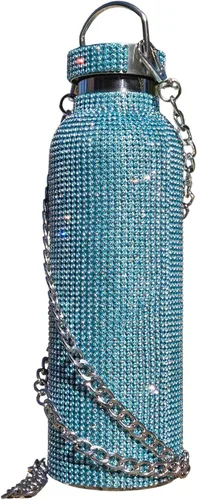 Miniatura 8 de Botella de agua plateada con 5000 diamantes de imitación de purpurina y cadena cruzada, vaso de acero inoxidable de 25 onzas con aislamiento al Plata