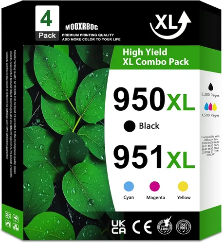 950XL 951XL - Cartuchos de tinta de alto rendimiento (4 unidades, BK/C/M/Y) compatibles con cartuchos de tinta HP 950 951, paquete combinado de