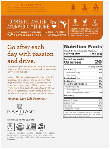 Miniatura 3 de Navitas Organics Cúrcuma en polvo, bolsa de 8 onzas, 45 porciones, orgánica, sin OMG, sin gluten (paquete de 2)
