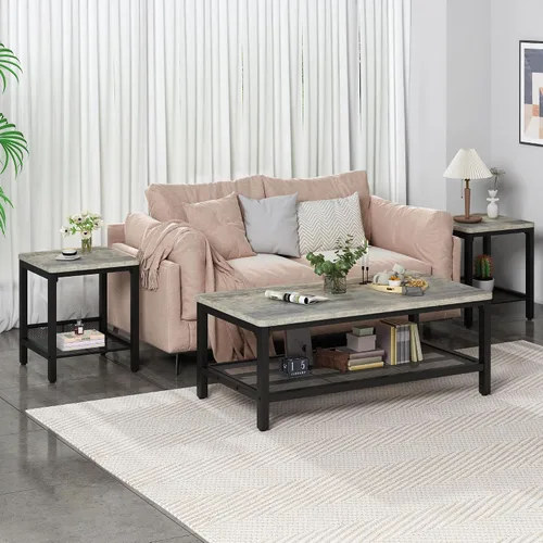 Miniatura 2 de Conjunto de 3 mesas de café AWQM, mesa de café industrial con 2 mesas auxiliares cuadradas, conjunto de mesas modernas para sala de estar con marco