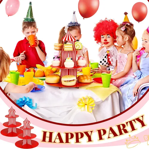 Miniatura 6 de Amyhill 2 soportes para cupcakes de carnaval de cartón de 3 niveles, soporte para cupcakes de circo a rayas rojas y blancas para exhibiciones