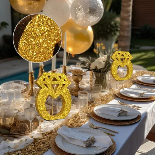 Miniatura 3 de Decoraciones de compromiso, anillos de diamantes con purpurina dorada, centros de mesa para decoración de mesa, decoraciones de despedida