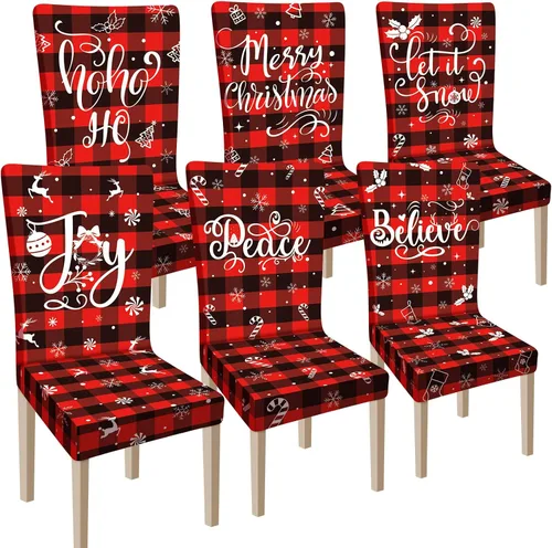 Miniatura 11 de Ganeen 6 piezas de fundas para sillas navideñas, funda para respaldo de silla de Navidad, funda elástica para asiento de Navidad lavable, protector