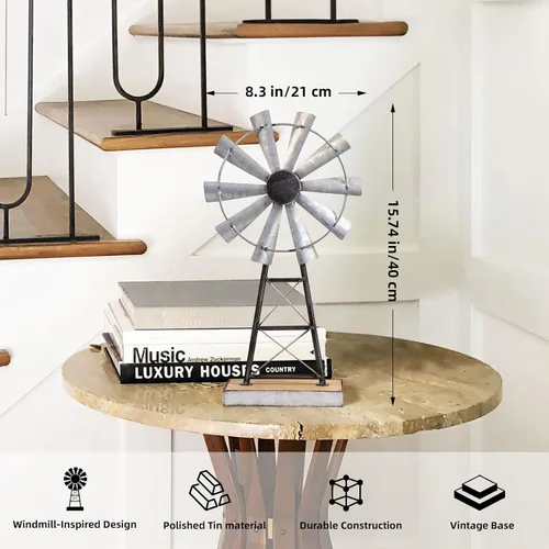 Miniatura 4 de Encantador molino de viento galvanizado alto, decoración de molino de viento de metal para estante de granja y sala de estar, añadiendo un toque