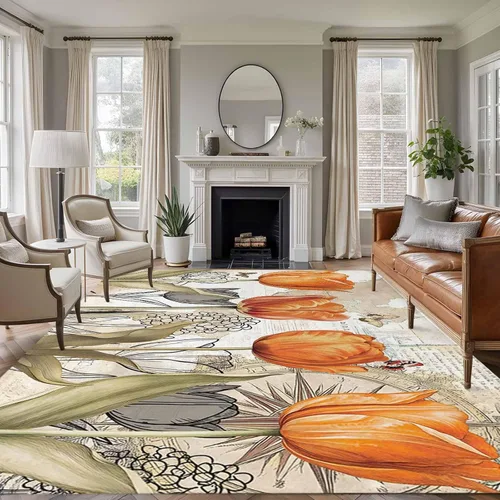 5x8 Area Rugs for Living Room, Orange Flower Non-Slip Area Rugs for Living Room Bedroom Entryway, Watercolor Retro Tulip Floral Butterfly Washable
