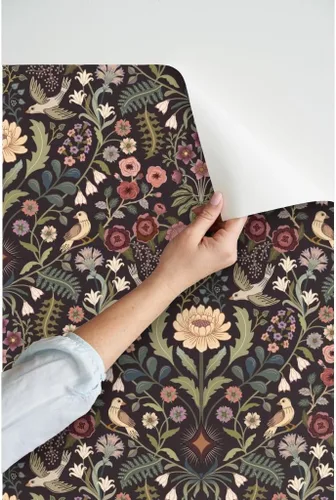 Miniatura 3 de Papel tapiz autoadhesivo para despegar y pegar, papel tapiz tradicional floral, arte popular, pájaros, verde victoriano, borgoña, extra grande