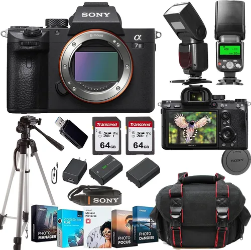 Sony Cámara sin espejo a7 III (solo cuerpo)+estuche+128 tarjetas de memoria GIG+TTL Flash+trípode (17PC) Bundle
