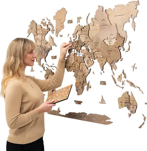 ENJOY THE WOOD Mapa del Mundo de Madera 3D Arte de Pared Decoración de Pared Grande - Mapa de Viajes del Mundo - Idea de Regalo para Cualquier Terra