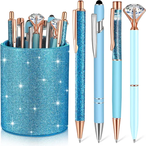 Miniatura 17 de Sabary 8 bolígrafos negros con soporte para bolígrafo para escritorio, con purpurina, diamantes de cristal, bonito soporte para lápices, organizador