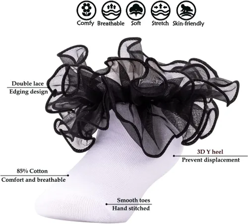 Miniatura 8 de Dicry Calcetines de encaje doble para niñas pequeñas con puños ondulados y volantes grandes para bebés y niños