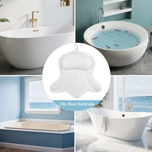 Miniatura 6 de AmazeFan Almohada de baño de lujo, almohada ergonómica para bañera y spa con tecnología de malla de aire 4D y 6 ventosas, ayuda a apoyar la cabeza