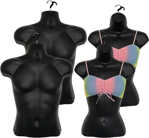 Miniatura 14 de Maniquí negro para hombre + mujer negra, forma de inyección, cintura media redondeada, cuerpo torso, forma de vestido con ganchos para colgar