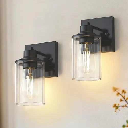 Miniatura 30 de DORESshop Lámparas de baño, 3 luces negras y doradas para baño sobre espejo con pantalla de vidrio transparente, luces de tocador para baño, Negro