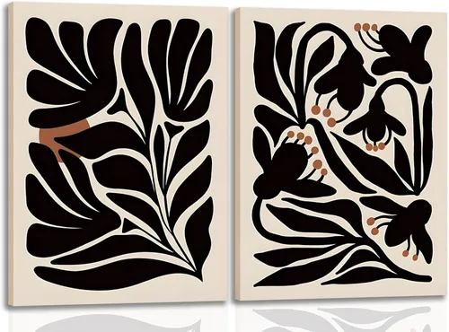 YFvrPt Arte de pared bohemio con flores abstractas negras y plantas, impresiones minimalistas en lienzo floral para decoración de pared, juego de 2