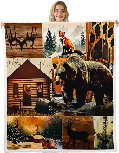 Miniatura 15 de Erosebridal Manta de vellón de animales del bosque, 40 x 50 pulgadas, con temática de caza de osos, ciervos, lobos, manta de felpa mullida